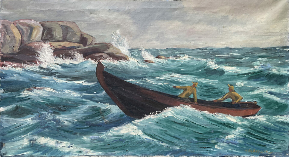 Skötbåt i hårt väder. Olja på duk. Privat ägo.