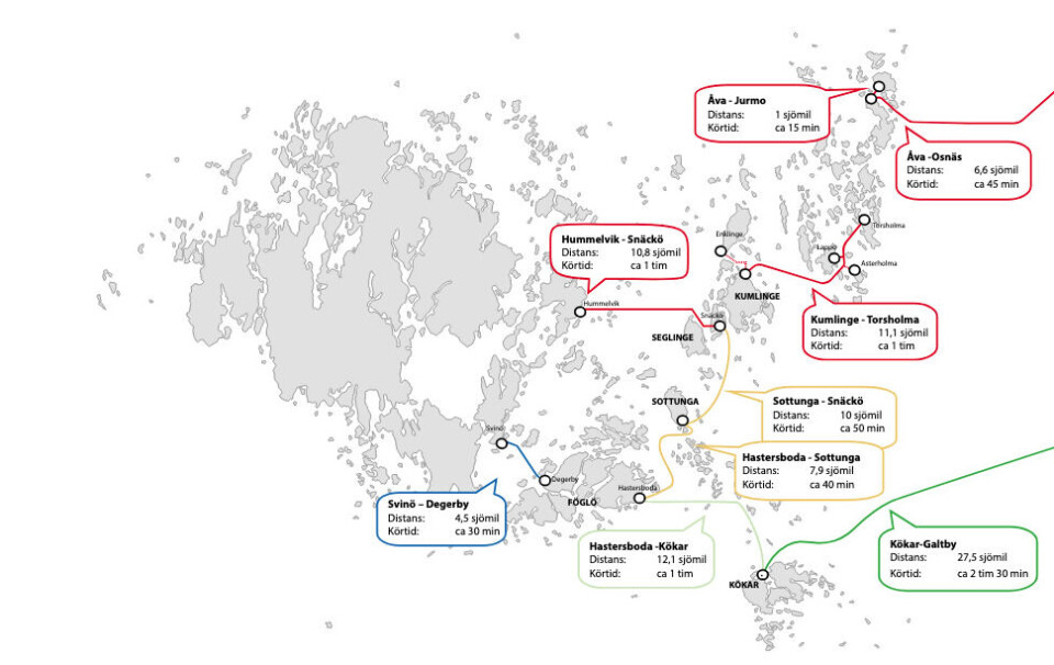 Det föreslagna trafikupplägget ser ut så här. Trafiken på norra linjen går från Hummelvik till Snäckö med färja, därefter blir det körning över Kumlinge och sedan färja vidare mot Brändö. På södra linjen leds trafiken till och från Sottunga och Kökar över Föglö, det via en ny hamn i Hastersboda.