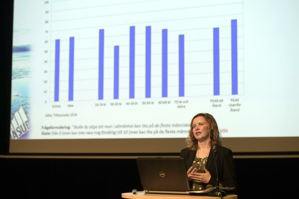 2018 presenterade forskaren Sanna Roos vid Åsub den åländska tilliten i form av stapeldiagram. Efter årets uppföljande studie märks att förtroende och tillit till medmänniskor och samhälle är fortsatt starka, men inte inom alla grupper. 121118 , 12112018 , 20181112 , Åsub presenterade den första tillitsstudien som gjorts på Åland , seminarium på Alandica om tillit i framtidens välfärd, så beskrevs samarbetet mellan Ålands landskapsregering, ålands fredsinstitut och Ålands statistik- ochutredningsbyrå (Åsub) *** Local Caption *** @Bildtext:Forskaren Sanna Roos vid Åsub presenterade den åländska tilliten i form av stapeldiagram.Foto: Robert Jansson