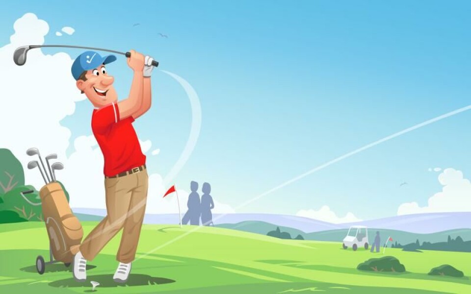 Golfquiz - vad kan du om den gröna sporten? A young man with a blue cap playing golf on a beautiful golf course. In the background are trees, bushes, hills, other golfers, a golf cart and a blue cloudy sky. Vector illustration with space for text.