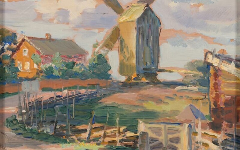 Santeri Salokivi: Landsväg med kvarn och mangårdsbyggnad, oljemålning daterad 1932. Motivet troligen hämtat från Dalkarby i Jomala. Foto: