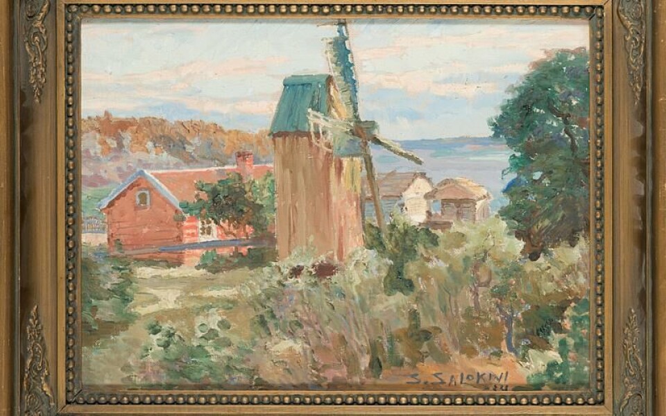 Santeri Salokivi: Kvarn i skärgårdslandskap. Under sina somrar på Åland i början av 1930-talets vistades Salokivi åtminstone sommaren 1934 på Nåtö. Han gjorde flera tavlor med motiv därifrån. Denna torde föreställa Norrgårds kvarn och lillstuga – numera Nåtö biologiska station. Anders Wiklöfs samling, Andersudde. Foto: