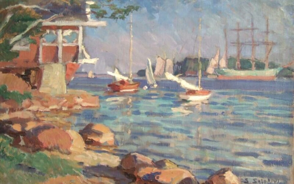 Santeri Salokivi: Motiv från stranden nedanför Badhusberget med ÅSS paviljong. Tavlan målades 1923, året efter att Sonckvillan flyttats ned från berget för att bli segelsällskapets nya klubbhus och restaurang.Foto: