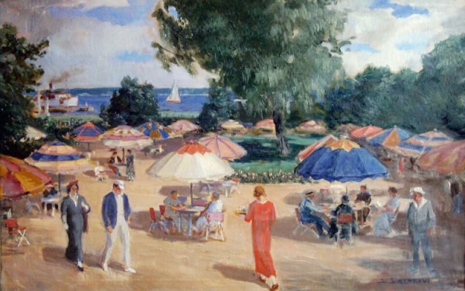 Socis trädgård skildrad av Santeri Salokivi sommaren 1935. Tavlan som i dag tillhör Mariehamns stad lär vara hårt restaurerad. Salokivi bevistade gärna det avbildade etablissemanget. Foto: