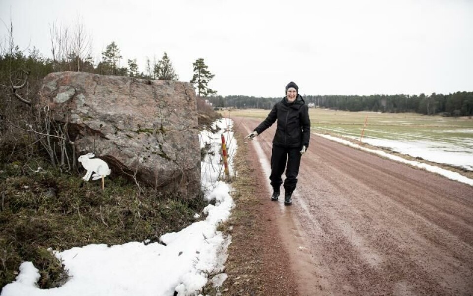”Här sades det att tomten bodde när jag var liten” berättar Margareta Söderström om harstenen.Foto: Hülya Tokur-Ehres