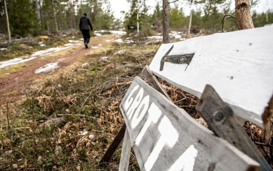 En skylt visar vägen mot grottan i Krogstad, Lumparland.Foto: Hülya Tokur-Ehres