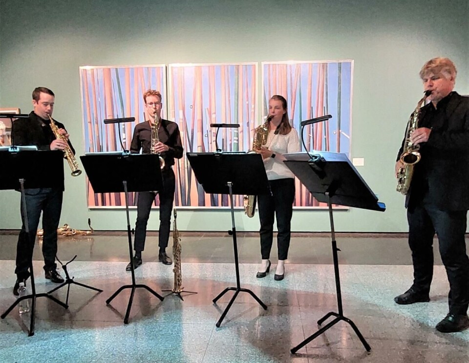 Stockholm Saxofonkvartett. Från vänster Mathias Karlsen Björnstad, Theo Hillborg Linn Persson och Jörgen Pettersson.
