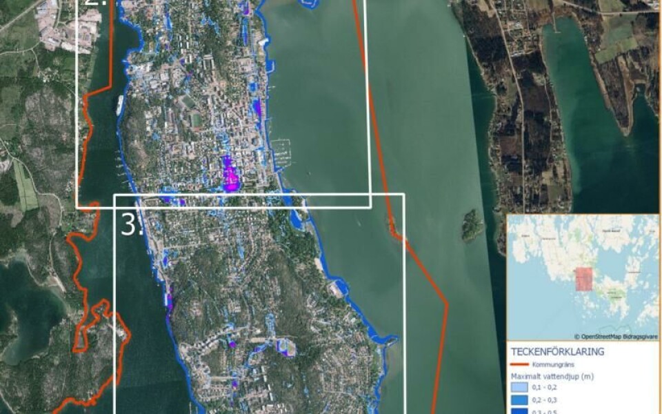 Kartorna visar de maximala vattendjupen vid ett så kallat 100-årsregn, vilket är det mindre extrema av två scenarier som staden låtit utreda. I de ljusaste blå områdena är det maximala vattendjupet 0,1–0,2 meter. I de rosa områdena är det maximala vattendjupet en meter eller mer.Foto: Ortofoto: ©LantmäteriverketIllustration: WRS, Water Revival System