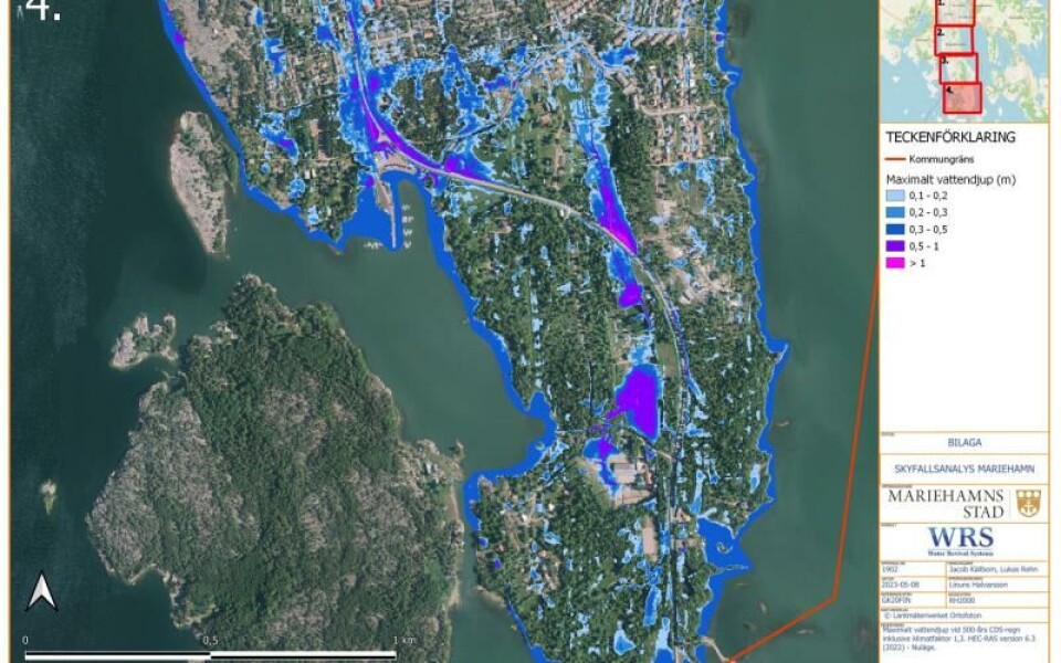 Kartorna visar de maximala vattendjupen vid ett så kallat 100-årsregn, vilket är det mindre extrema av två scenarier som staden låtit utreda. I de ljusaste blå områdena är det maximala vattendjupet 0,1–0,2 meter. I de rosa områdena är det maximala vattendjupet en meter eller mer.Foto: Ortofoto: ©LantmäteriverketIllustration: WRS, Water Revival System