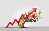 Rising food cost and grocery prices surging costs of supermarket groceries as an inflation financial crisis concept coming out of a paper bag shaped hit by a a finance graph arrow with 3D render elements.