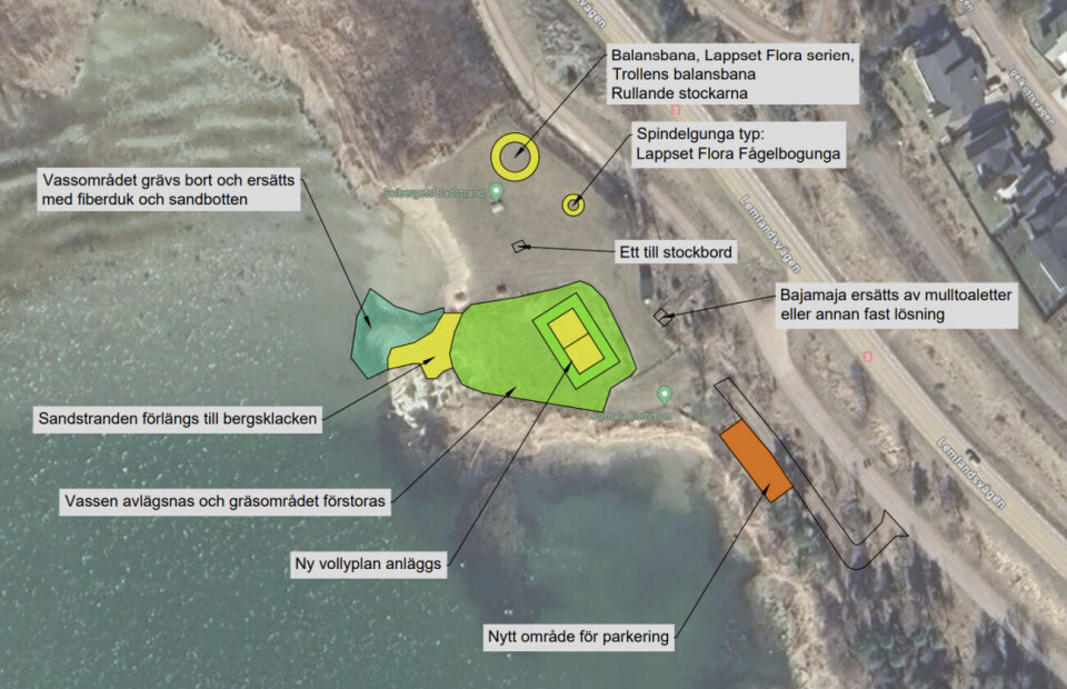 Den allmänna badstranden nedanför Solberget kan bland annat få en ny parkering och en volleybollplan.