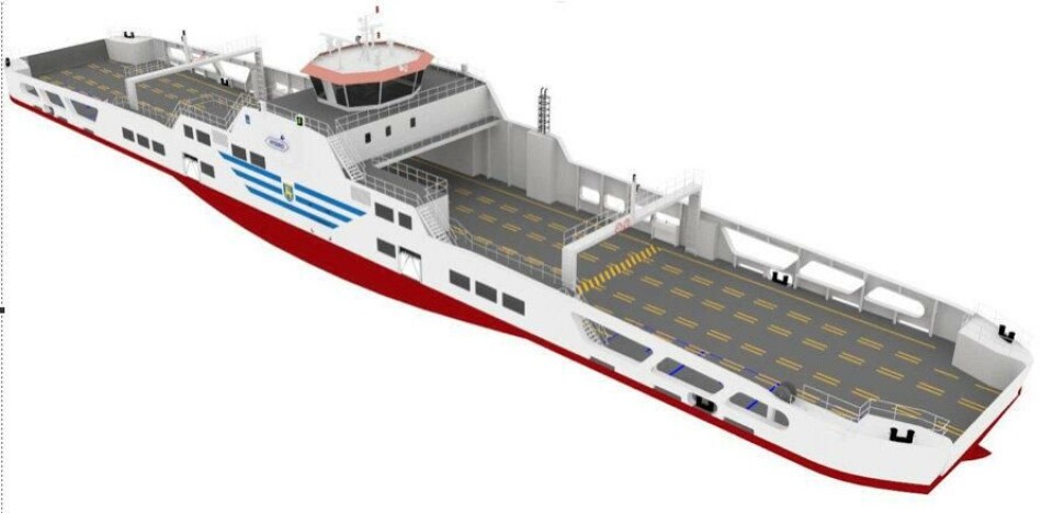 Skadeståndet deponerat hos staten Den nya elhybridfärjan kommer ha plats för 90 bilar och 350 passagerare. Passet Svinö–Gripö avverkas på under 18 minuter.@Foto:Illustration: Finnferries