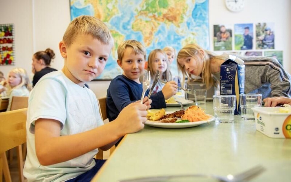 Amelia Eriksson till höger berättar att gurkorna som serveras till lunchen den här dagen kommer från hennes kompis. Till vänster längst fram John Dahlén följd av Isak Björnhuvud och längst bak Alissa Willberg och Einar Stjärnfelt.Foto: Hülya Tokur-Ehres