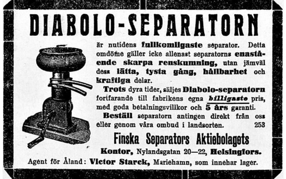 Separatorn uppfanns på 1870-talet. Den revolutionerade mjölkhushållningen då den förenklade och effektiviserade avskiljandet av grädden. Annonsen är hämtad ur tidningen Åland 3 maj 1919.Foto: