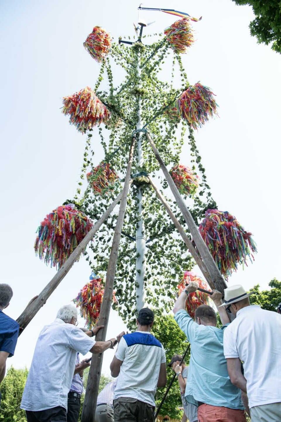 Så här såg midsommarstången i Bjärström, Finström ut förra året. Med gemensamma krafter restes midsommarstången