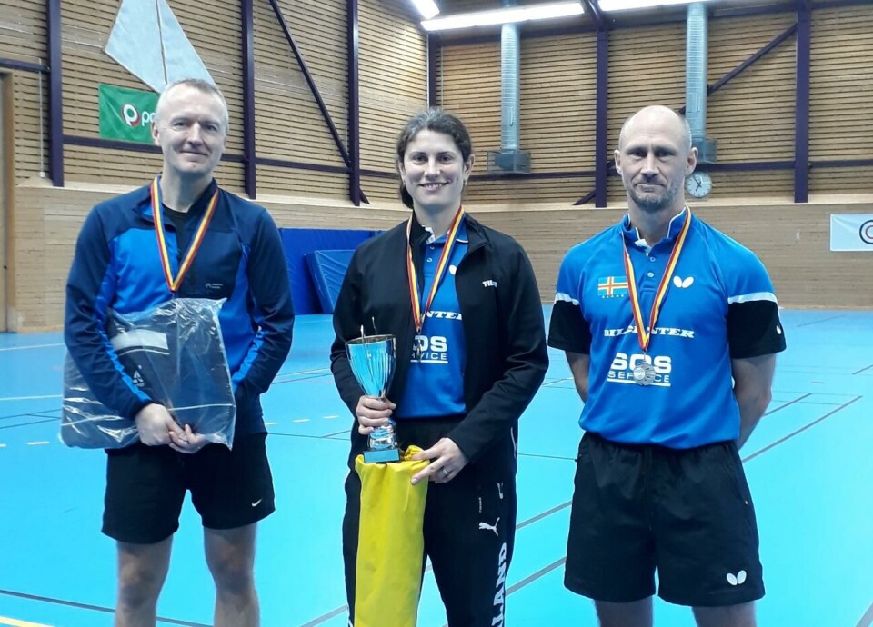 Medaljtrion Harry Lindqvist (brons), Marina Donner (guld) och Johan Pettersson (silver). Bordtennis, Harry Lindqvist, Marina Donner, Johan Pettersson