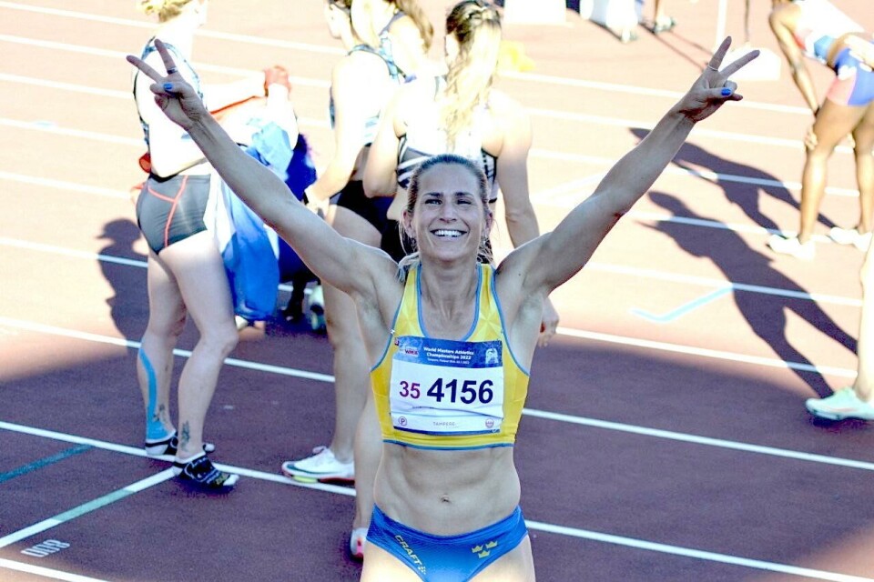 Sara Wiss sprang hem ett VM-guld i 35-årsklassen på onsdagen. *** Local Caption *** @Bildtext:Sara Wiss tog hem segern i 100-metersfinalen i veteran-VM.@Normal:Foto: Henrika ÷sterlund