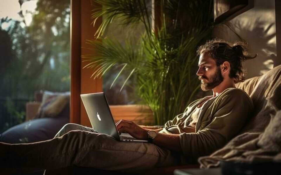 Återbetala lån med rak amortering eller annuitetslån Man som sitter i soffan med laptop i famnen