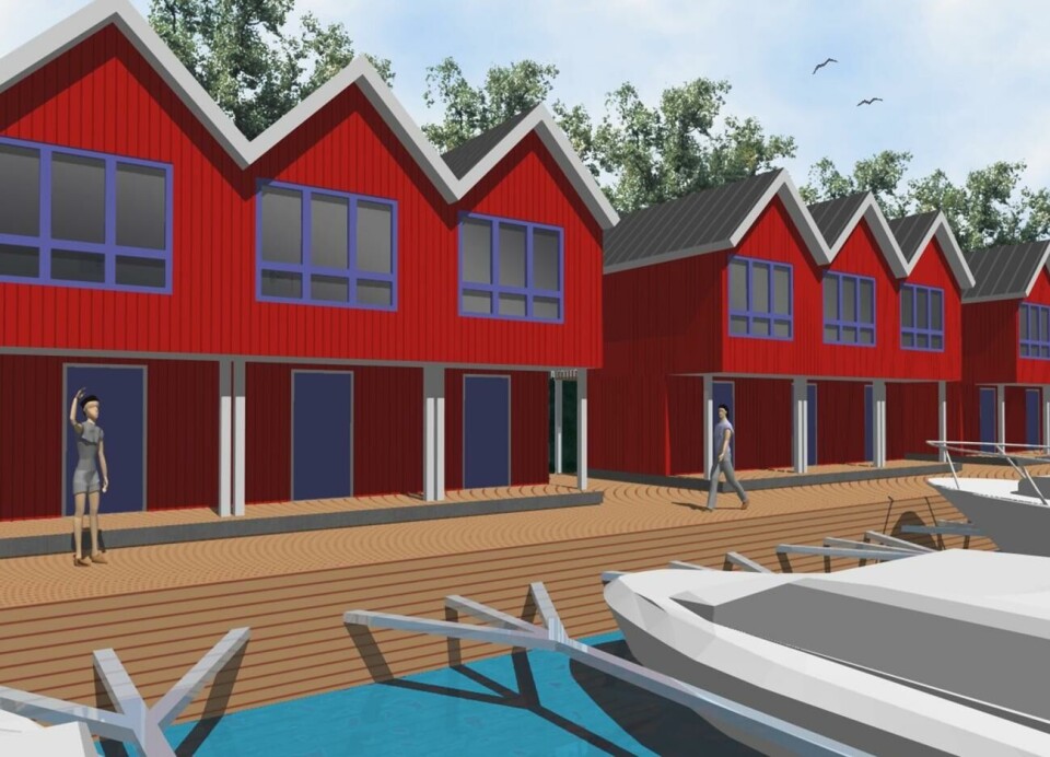 En skiss som tidigare tagits fram för hur en gästhamn i Fyrens marina kunde se ut. Illustration: SAT ARKITEKTER Bröd- och fiskförsäljning kan bli aktuellt i förrådsutrymmena på bottenvåningen av strandbodarna.@Foto:SKISS: SAT ARKITEKTER